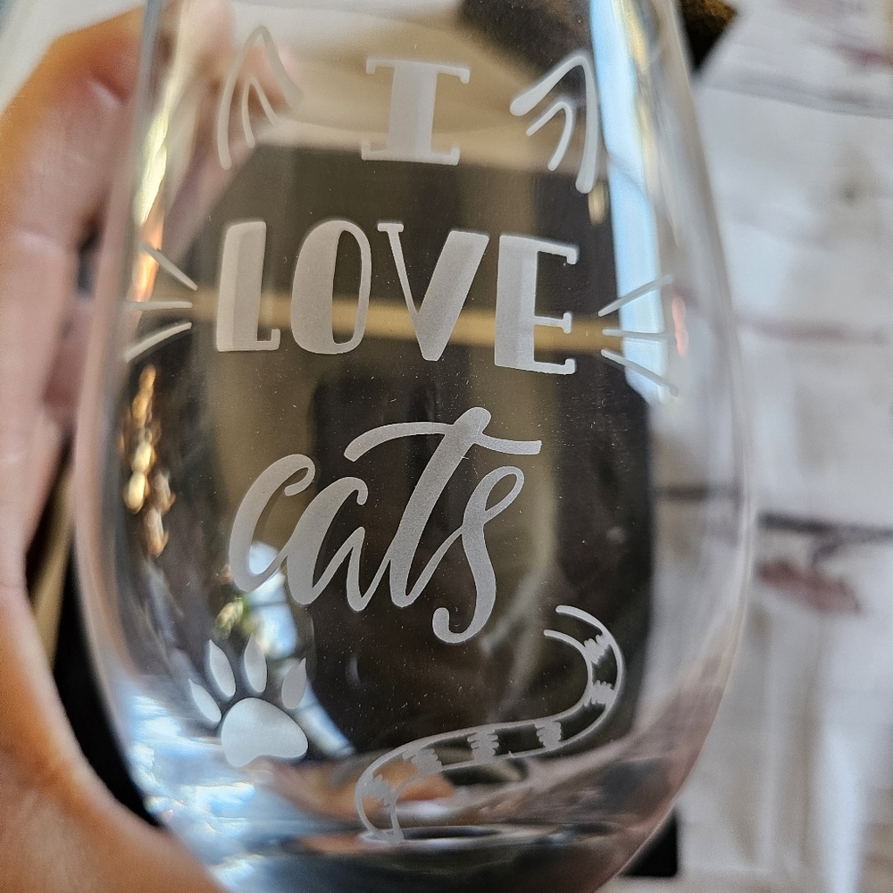 "I Love Cats" Wine Etched Glass Thank You Gift - Picture 3 of 5